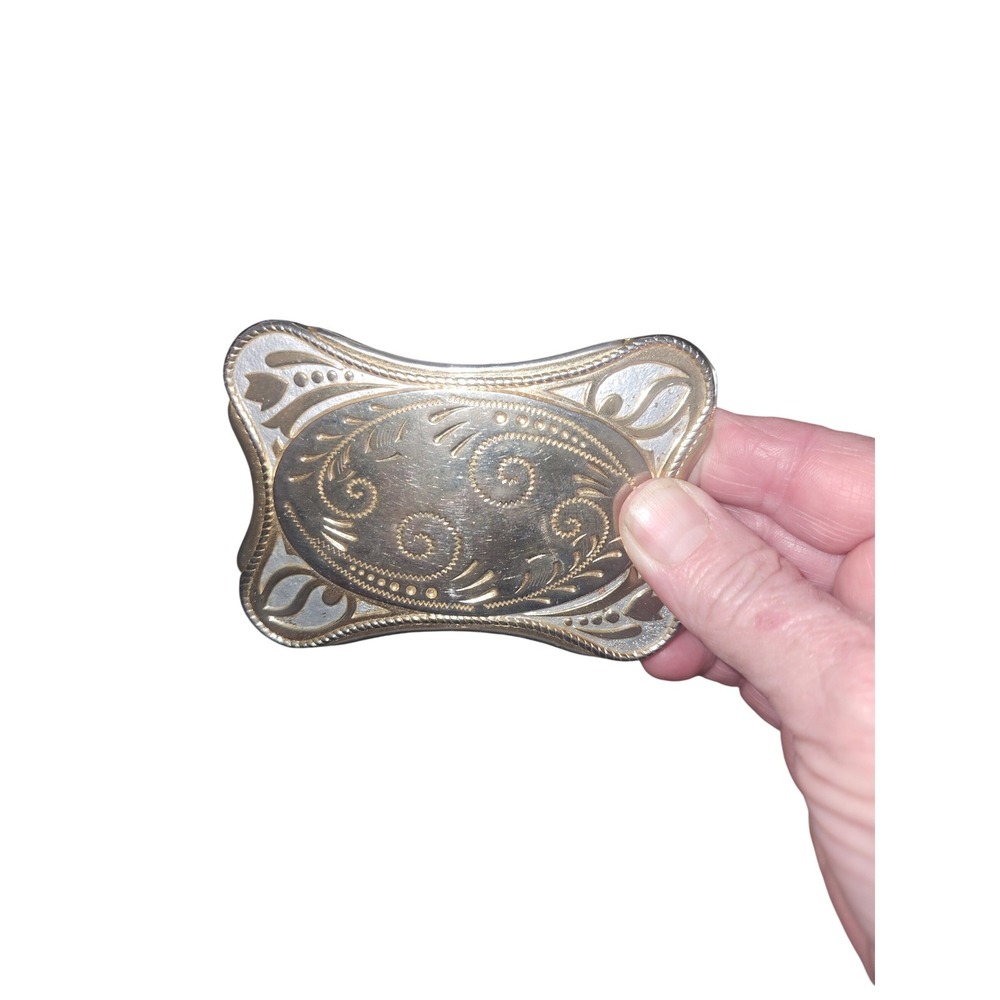 Vintage Western Belt Buckle Gold Silver Two Tone Floral Scroll Engraved 3.25in